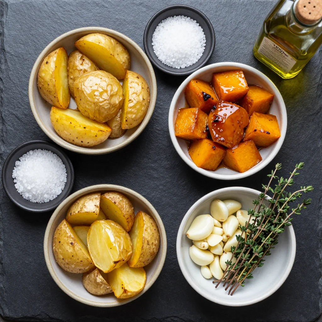 Ingredients for warm garlic roasted potato and winter squash salad for budgetfriendly meals