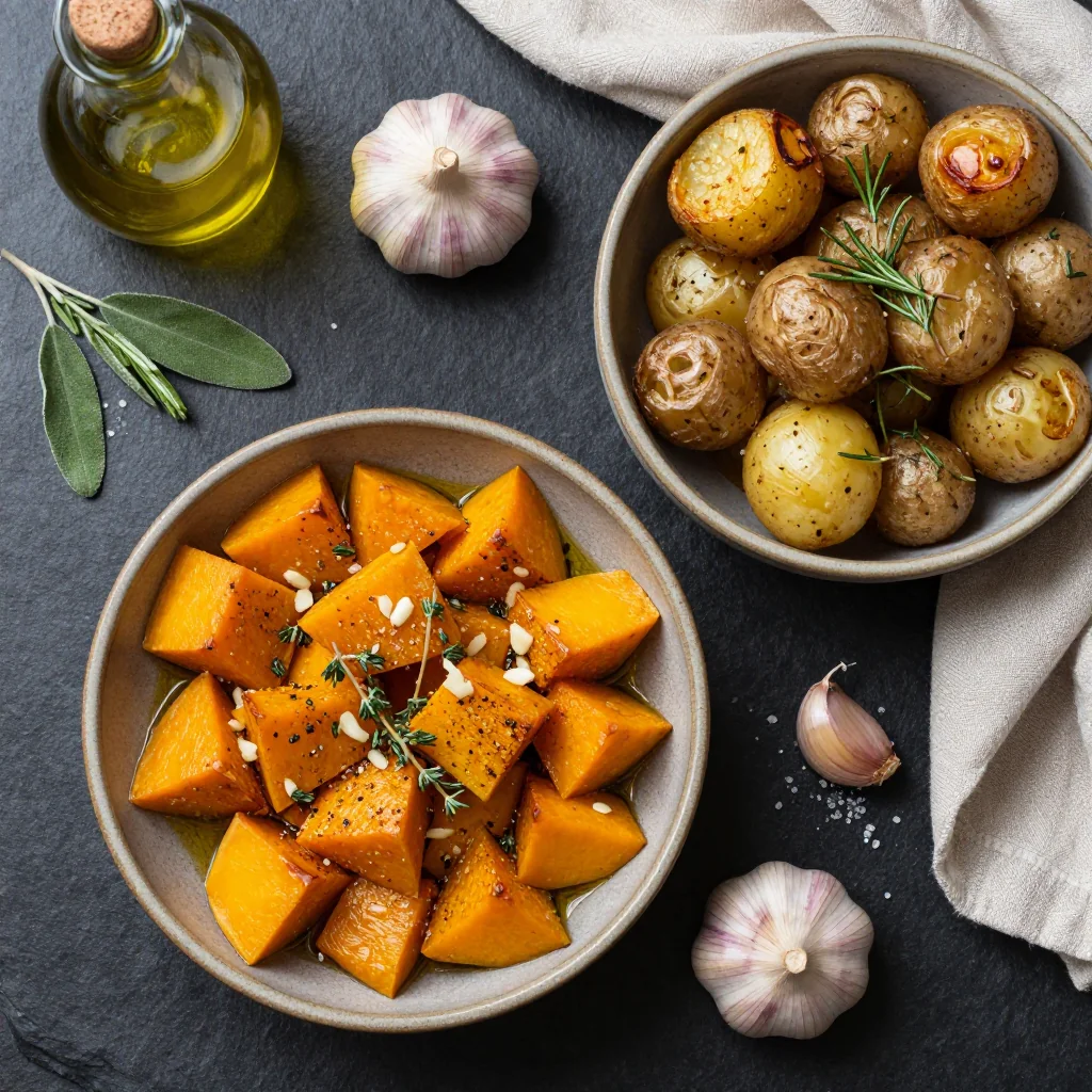Ingredients for warm garlic roasted winter squash and potatoes for hearty family meals