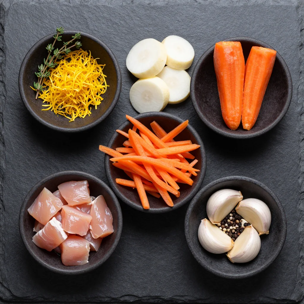 Ingredients for warm lemon and herb chicken with roasted parsnips and carrots