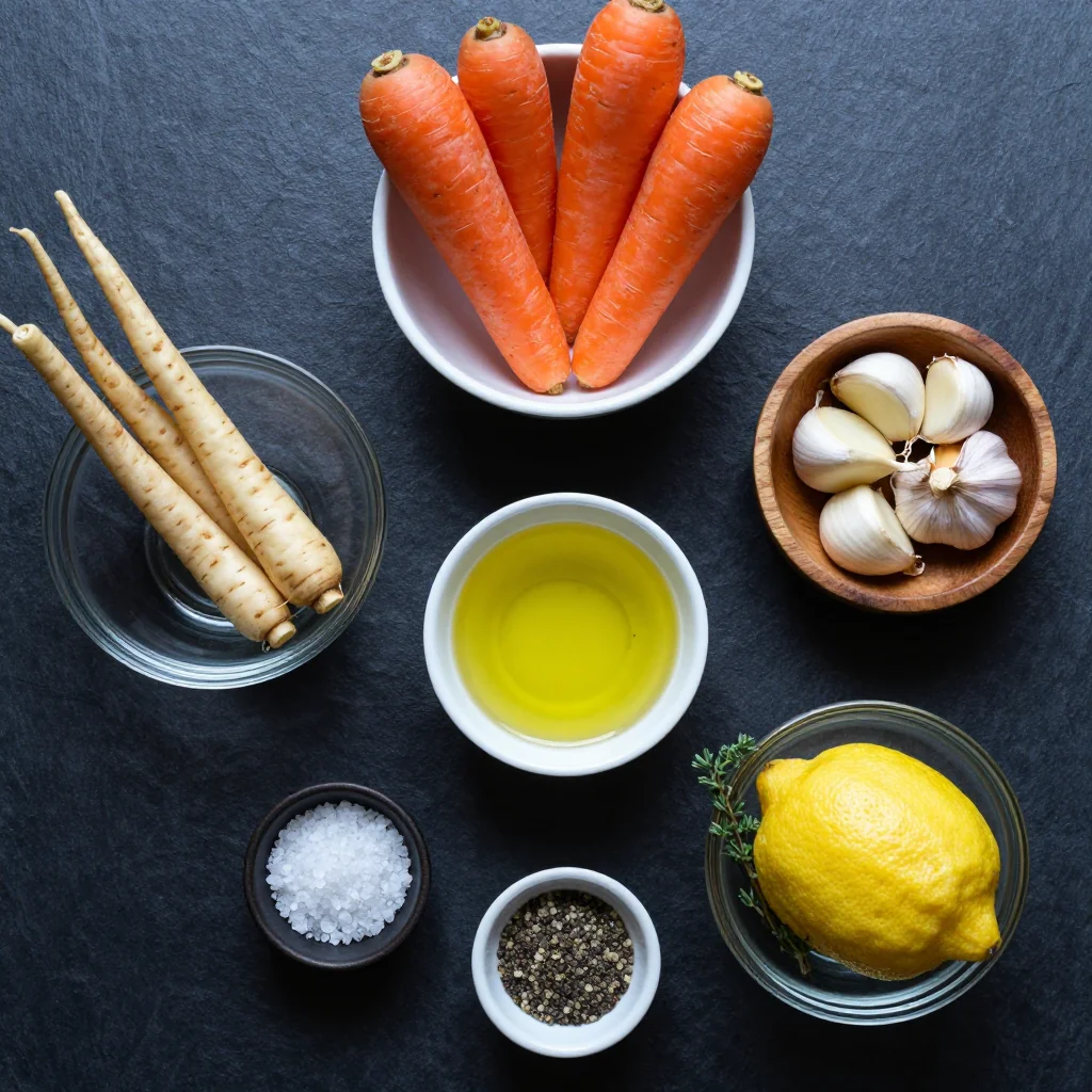 Ingredients for warm lemon garlic roasted carrots and parsnips for january dinners