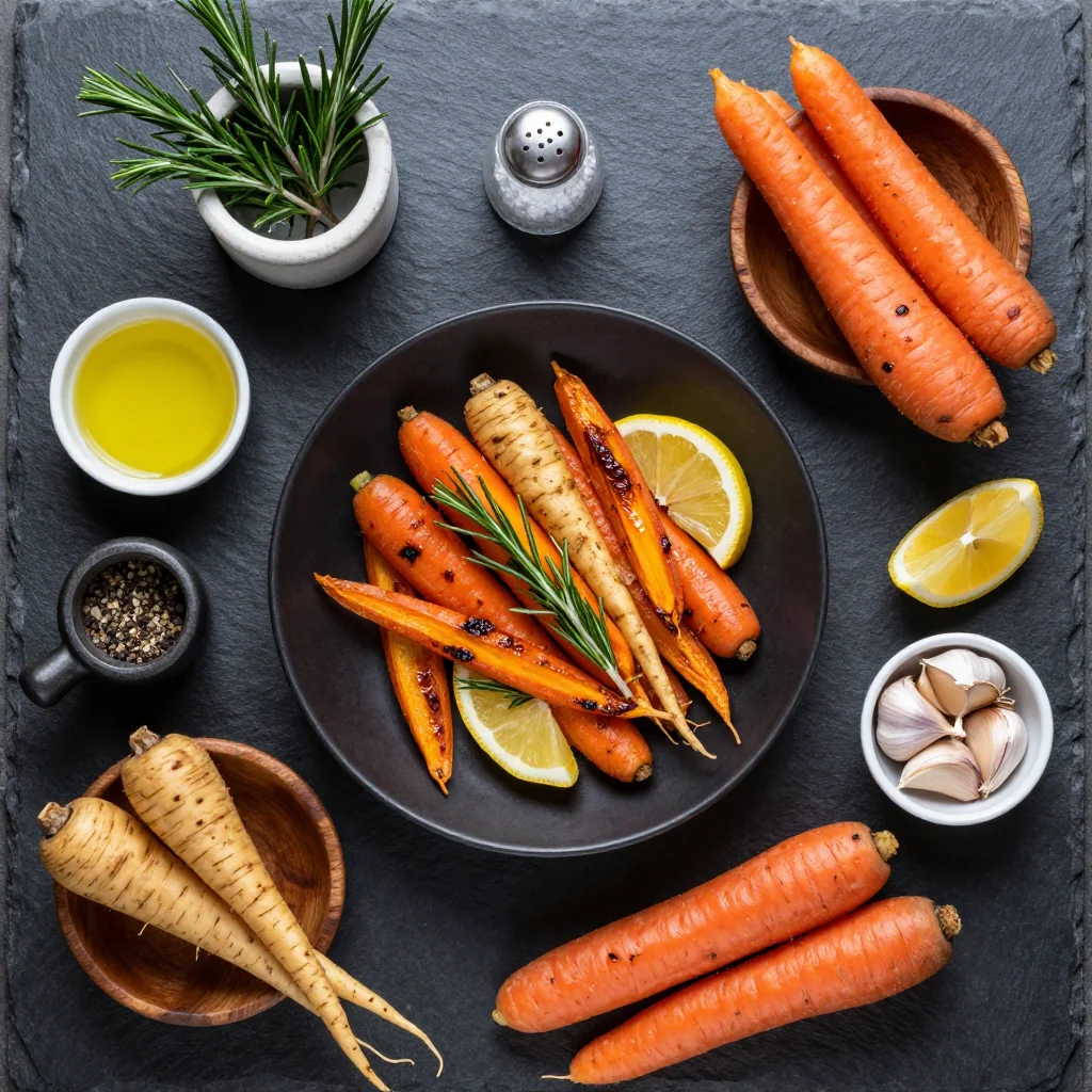 Ingredients for warm roasted carrot and parsnip medley with fresh rosemary and lemon