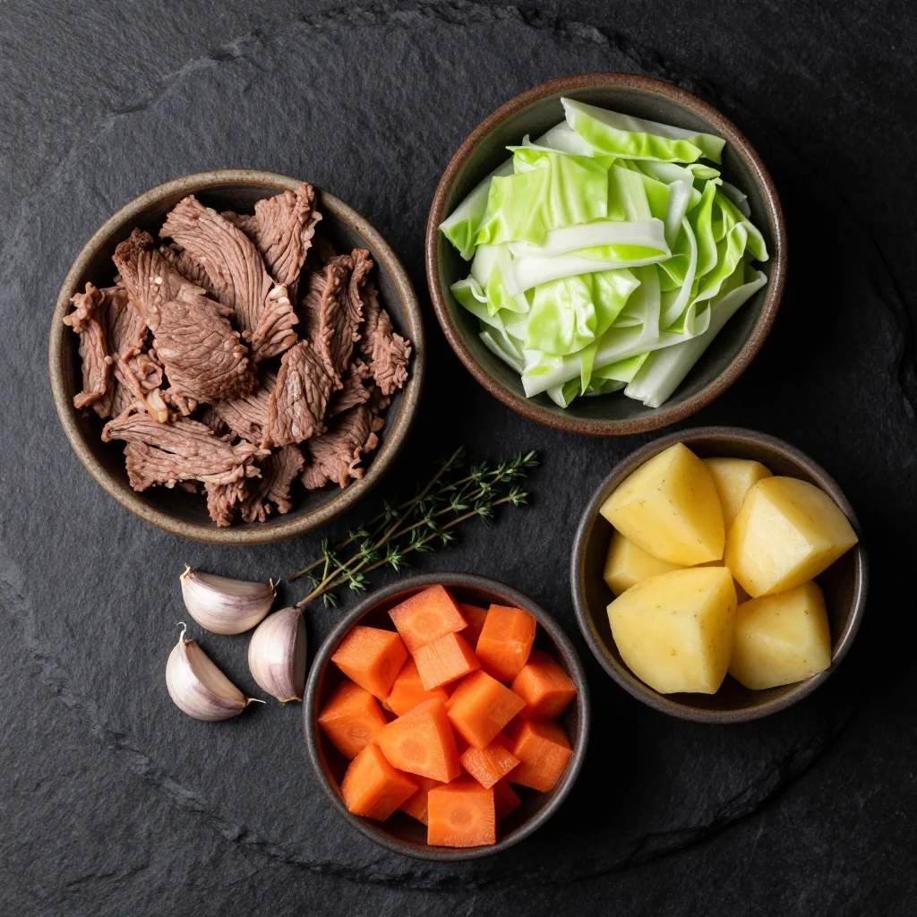 Ingredients for warm slow cooker beef and cabbage stew with garlic and fresh thyme