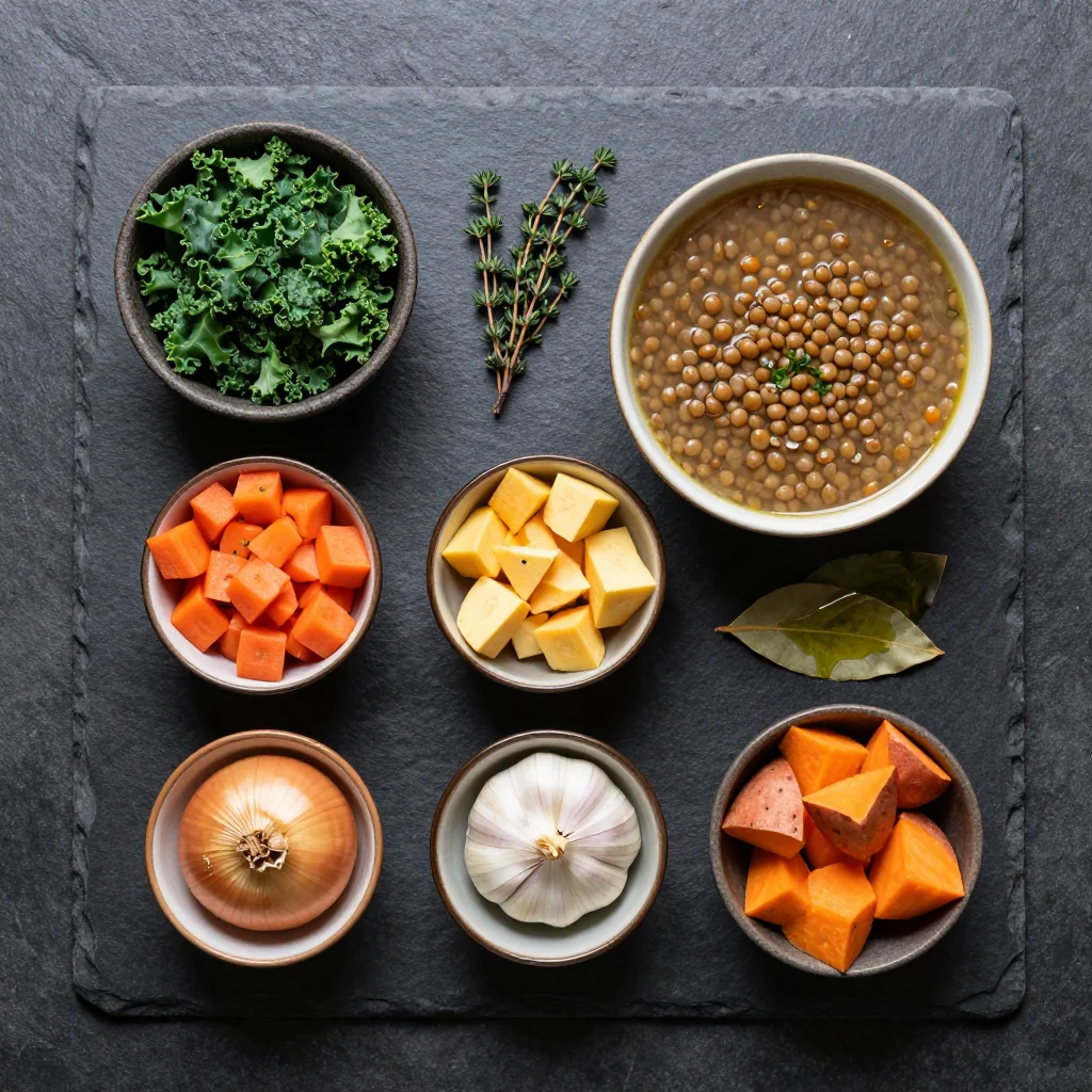 Ingredients for warm slow cooker lentil soup with kale and root vegetables for january