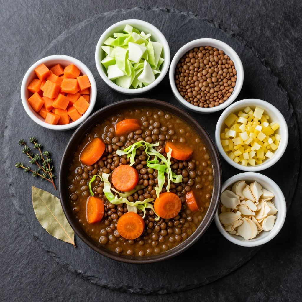 Ingredients for warm slow cooker lentil stew with carrots and cabbage for january