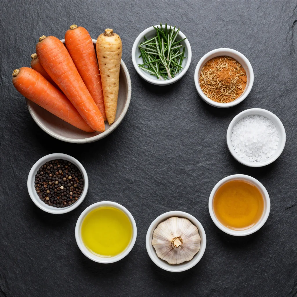 Ingredients for warm spiced roasted carrots and parsnips with rosemary for family meals