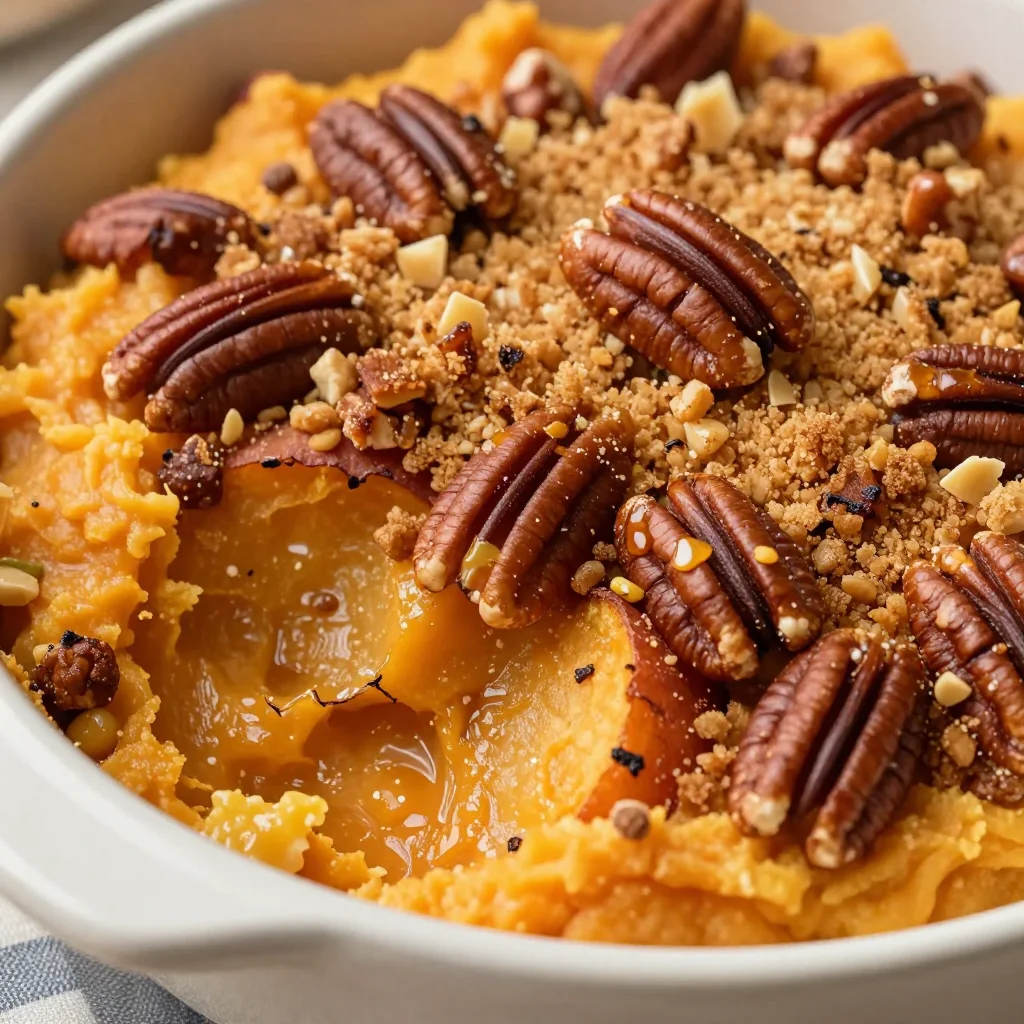 baked sweet potato casserole with pecan streusel for winter holidays