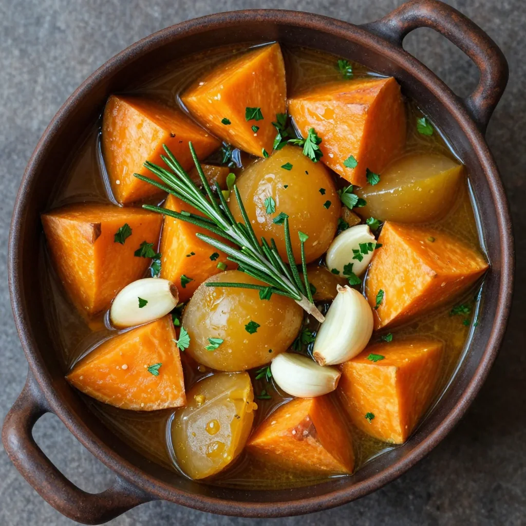 batch cook hearty root vegetable stew with fresh herbs and garlic