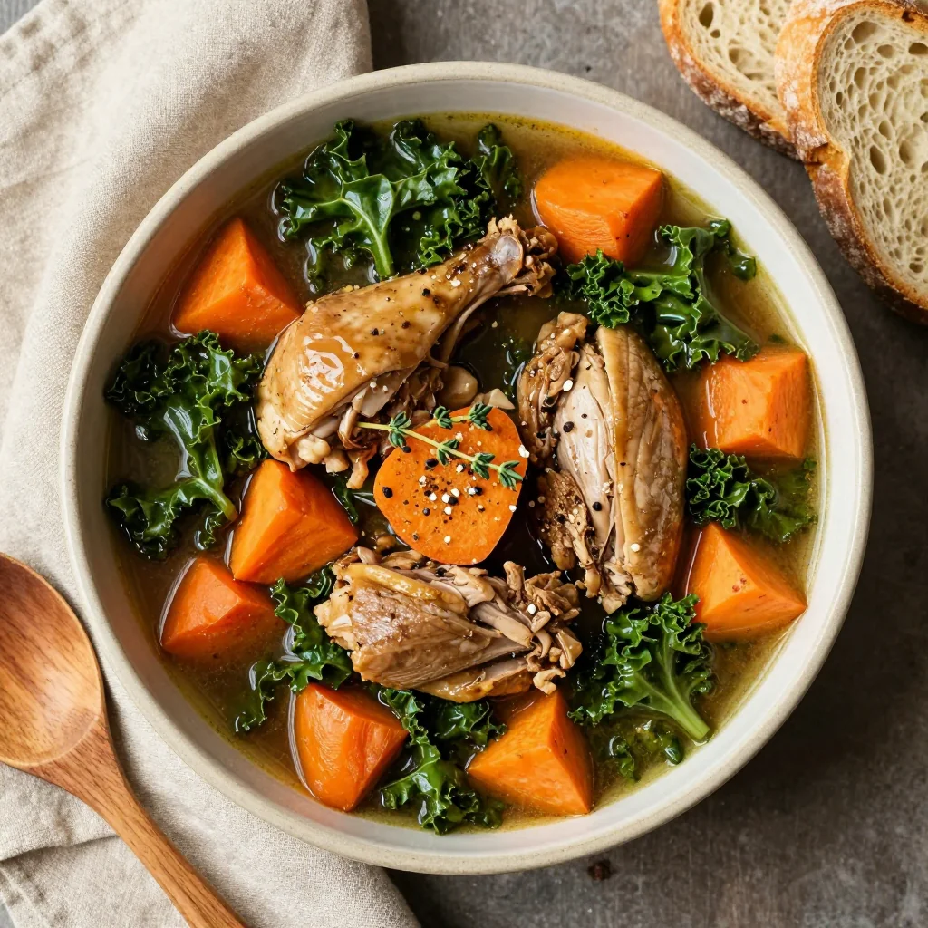 batch cooked turkey stew with kale carrots and sweet potatoes for family meals