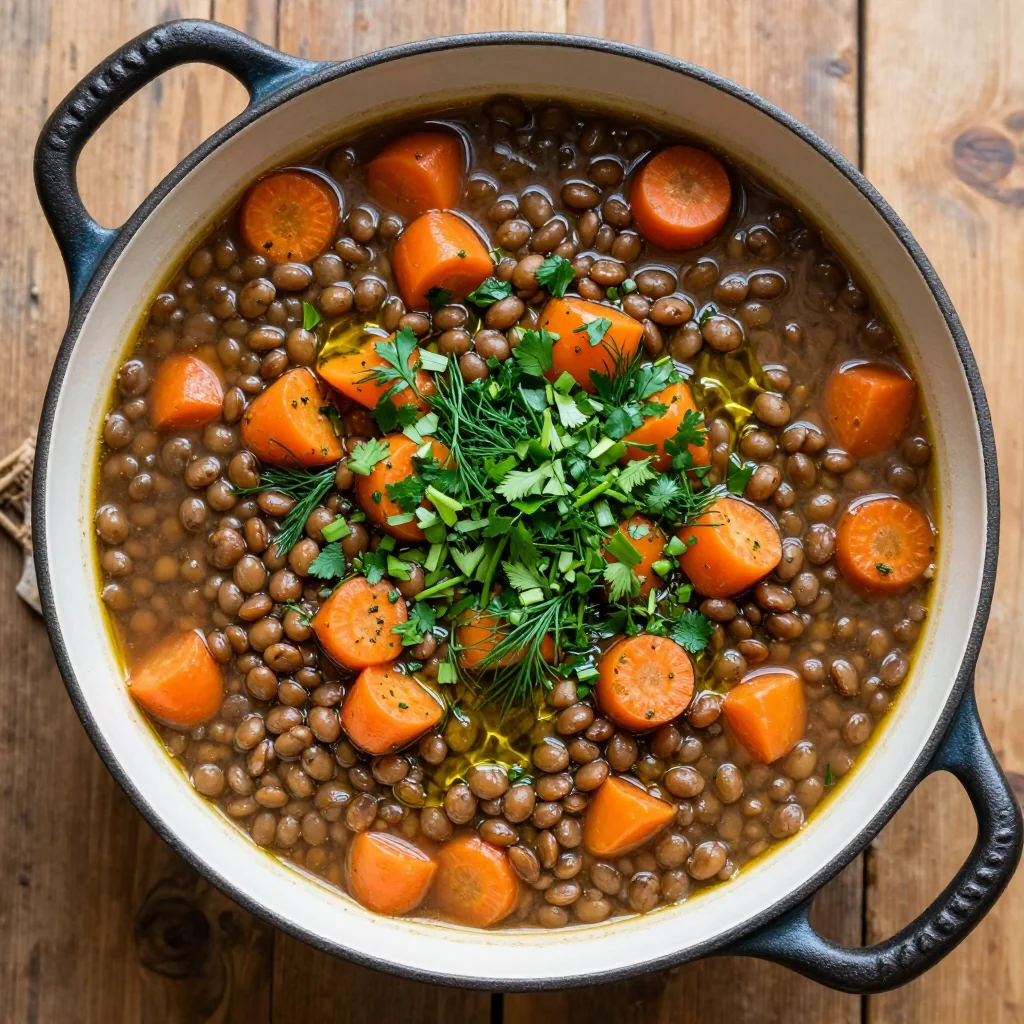 batch cooking lentil and carrot stew with fresh herbs for family dinners