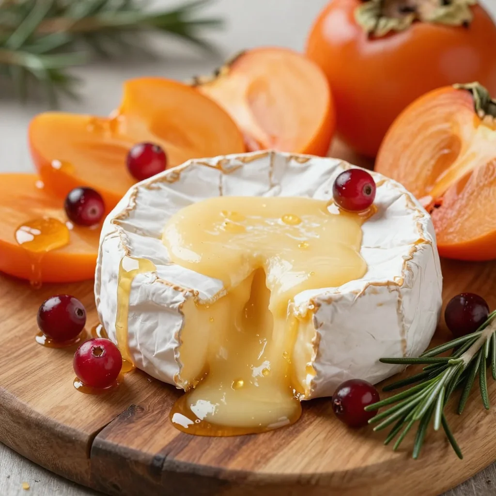 cheesy baked brie with persimmons and cranberries for holiday parties