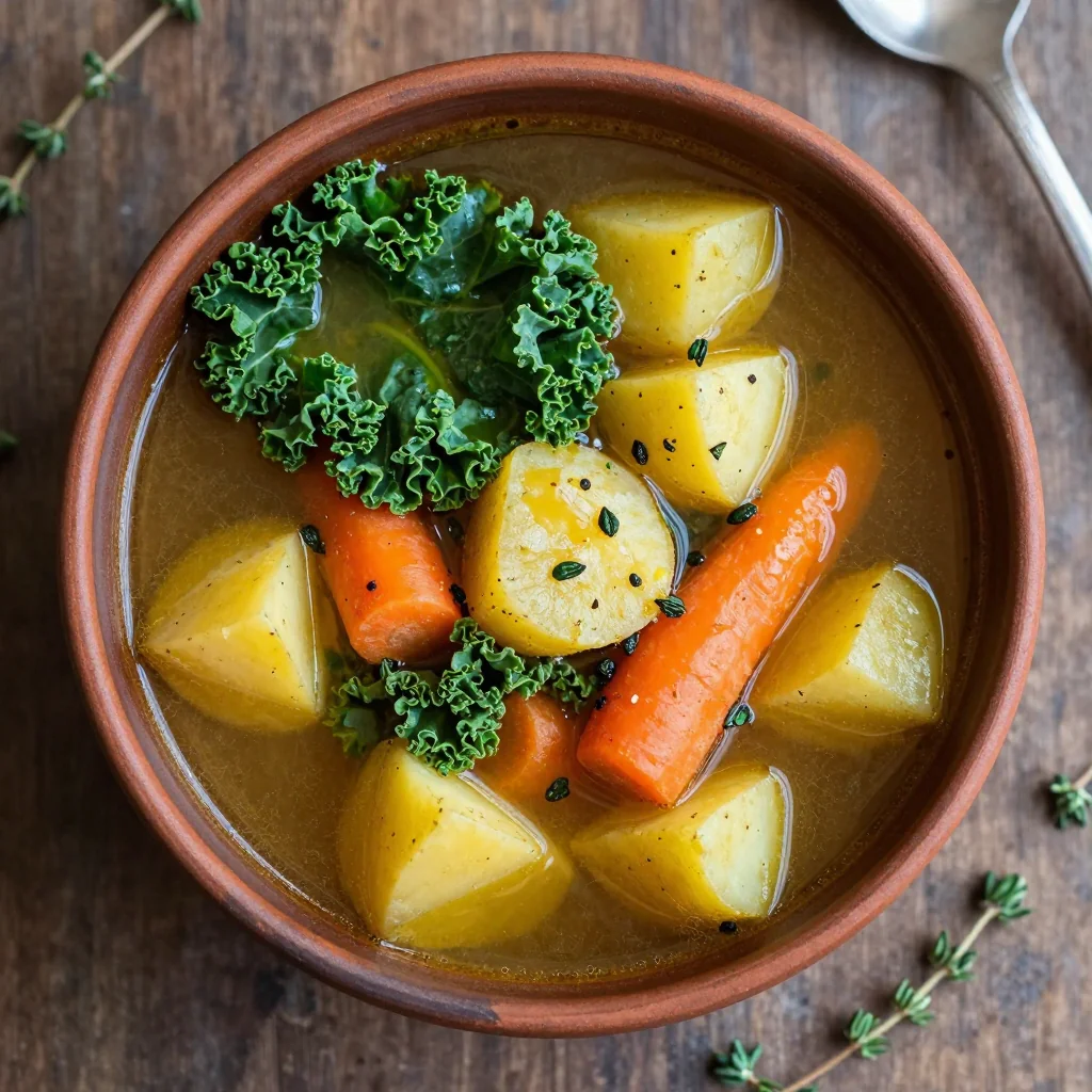 cozy winter vegetable soup with kale potatoes and root vegetables