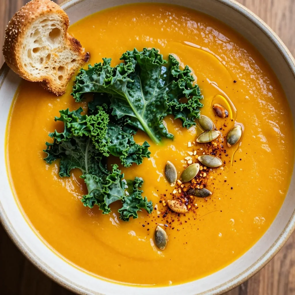 creamy butternut squash soup with kale for cold january evenings