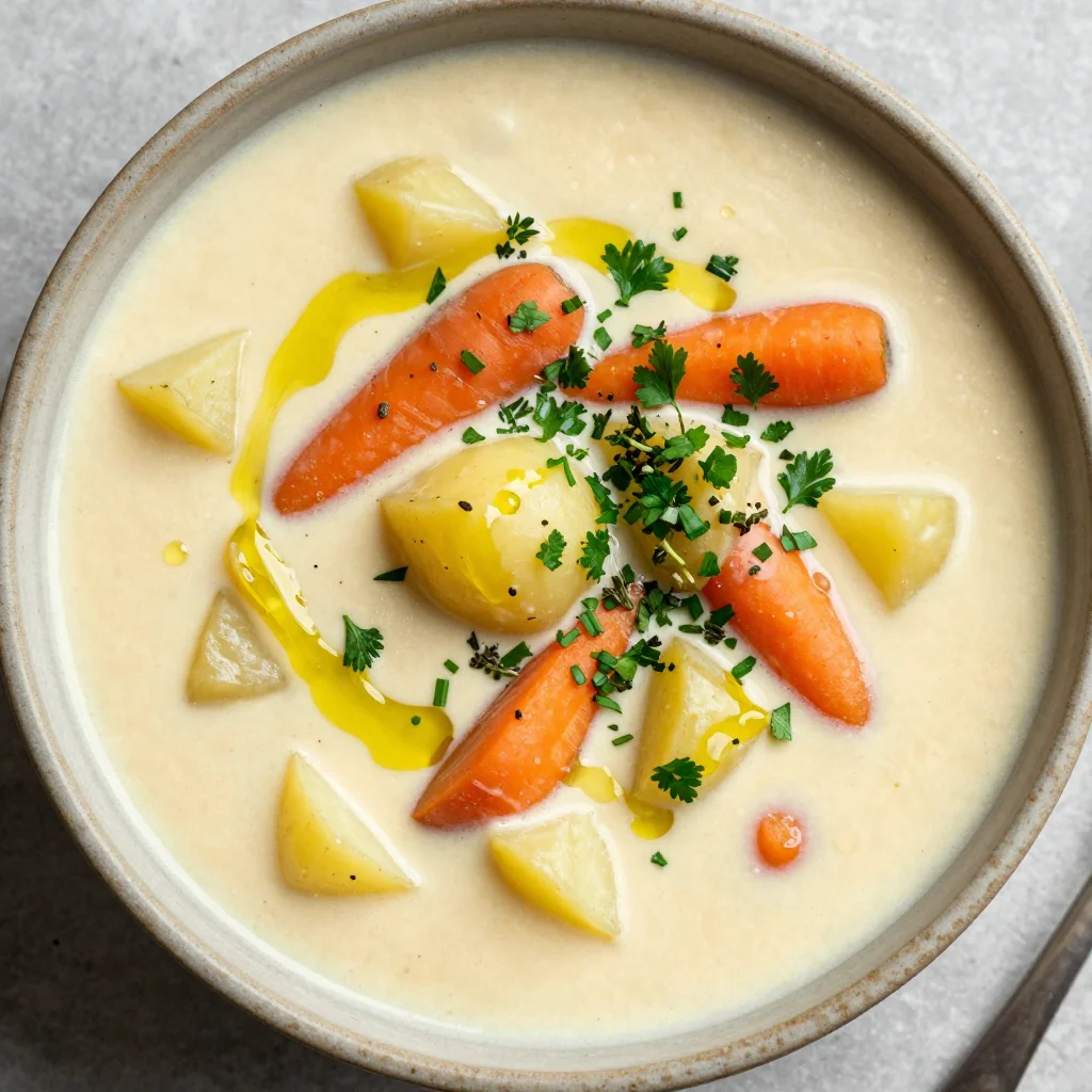 creamy slow cooker root vegetable soup with potatoes and fresh herbs