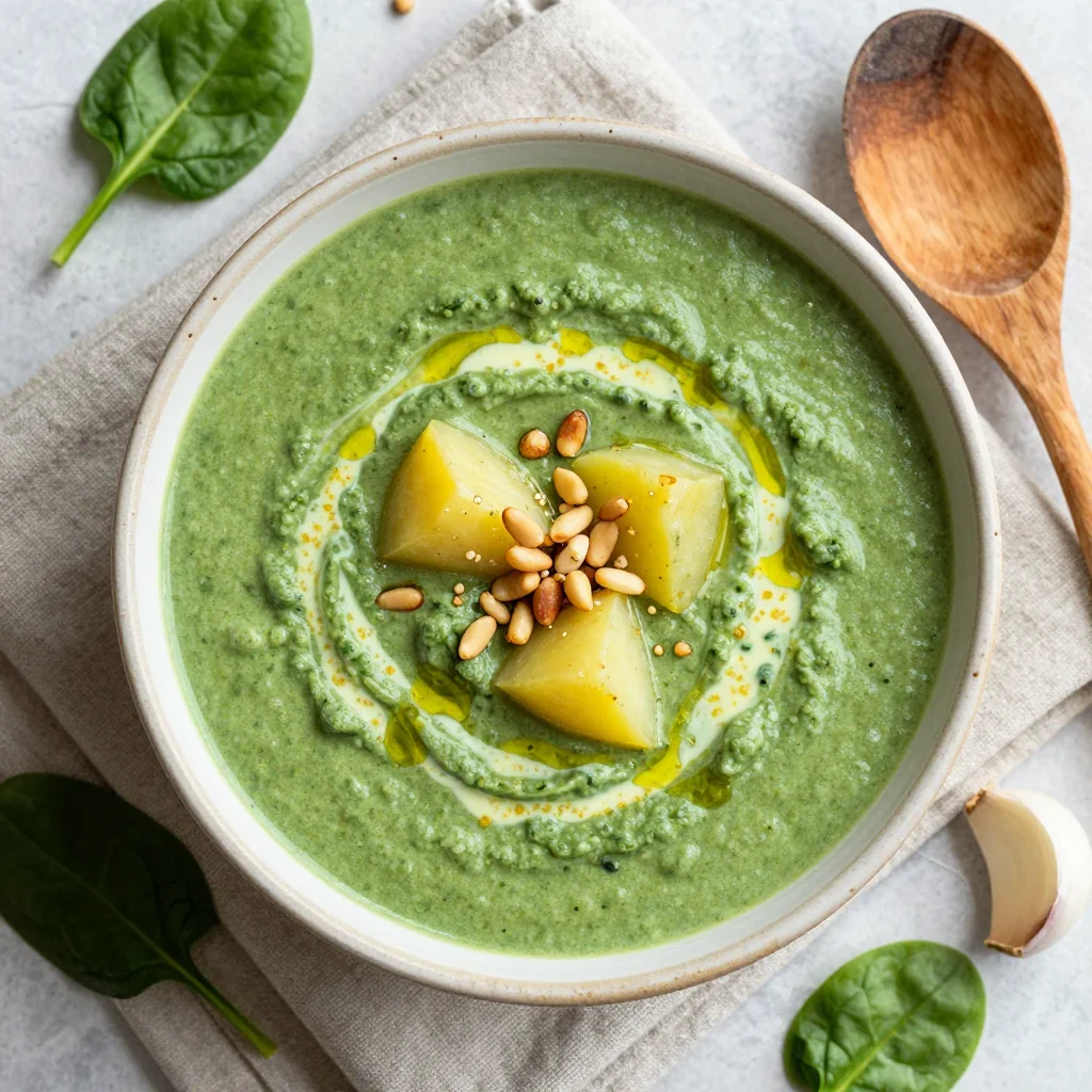 creamy spinach and potato soup with garlic for healthy winter dinners