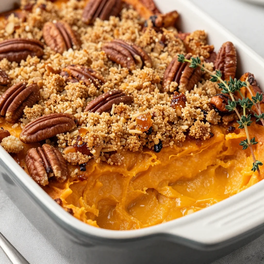 creamy sweet potato casserole with maple pecan streusel for festive dinners