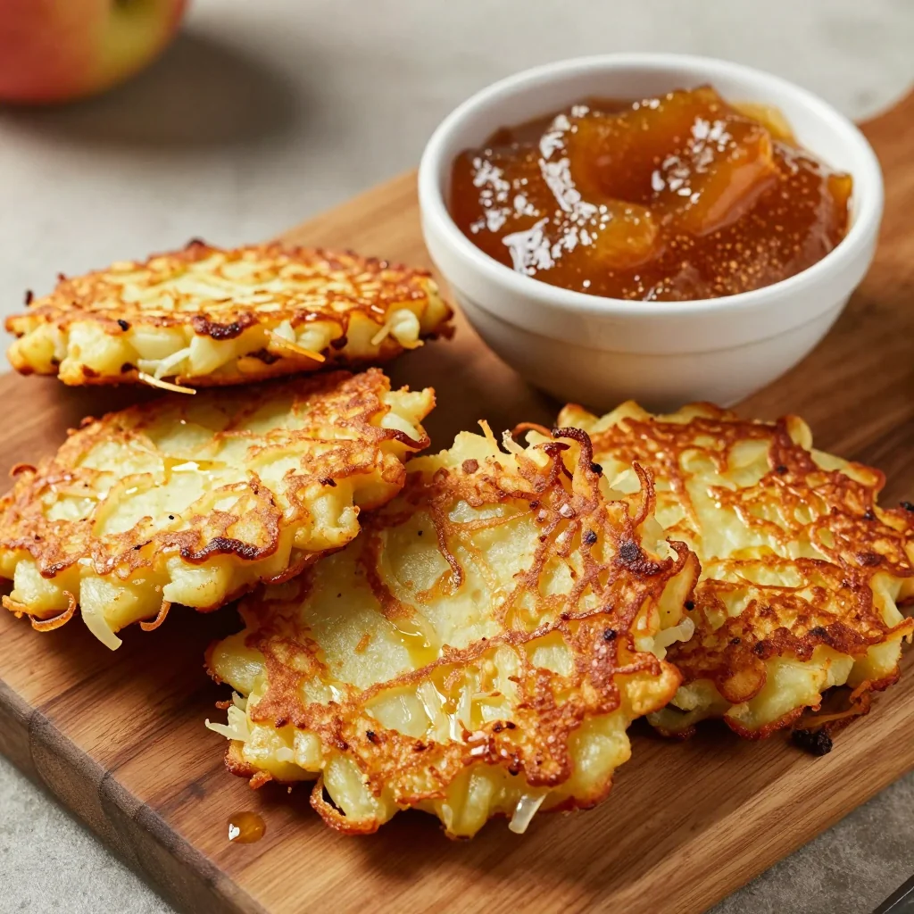 crispy potato latkes with homemade apple sauce for hanukkah feasts