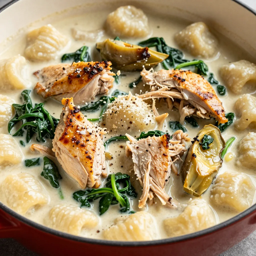 Easy One Pot Creamy Chicken and Gnocchi with Spinach and Artichoke