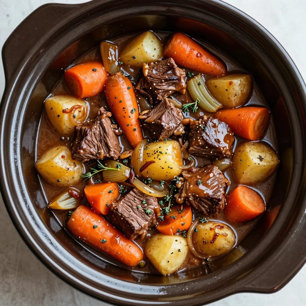 familystyle slow cooker beef stew with root vegetables and herbs