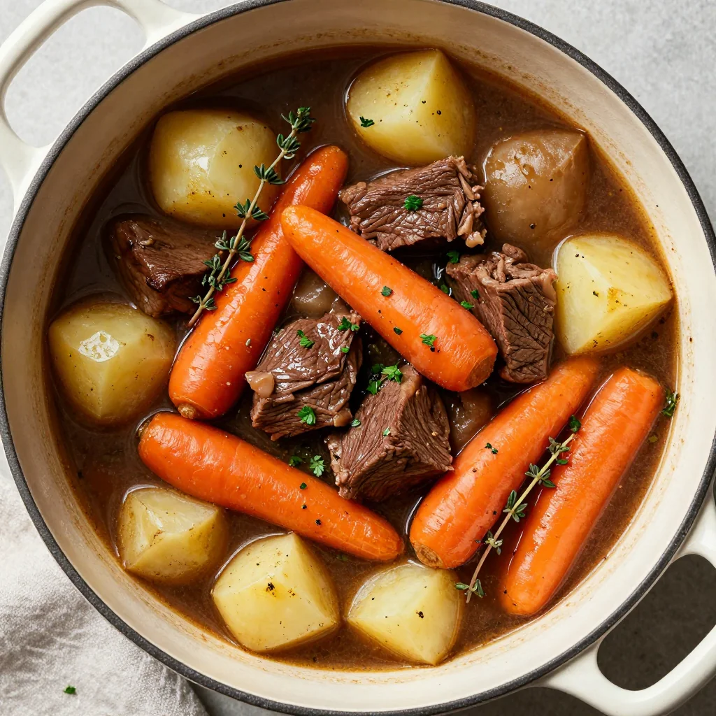 healthy batch cooking beef stew with winter carrots and potatoes