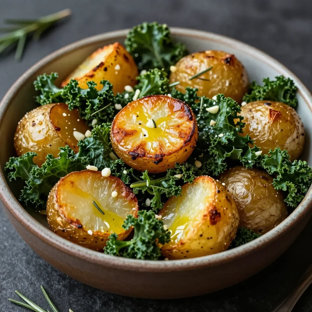 healthy roasted potatoes and kale with garlic and herbs for winter