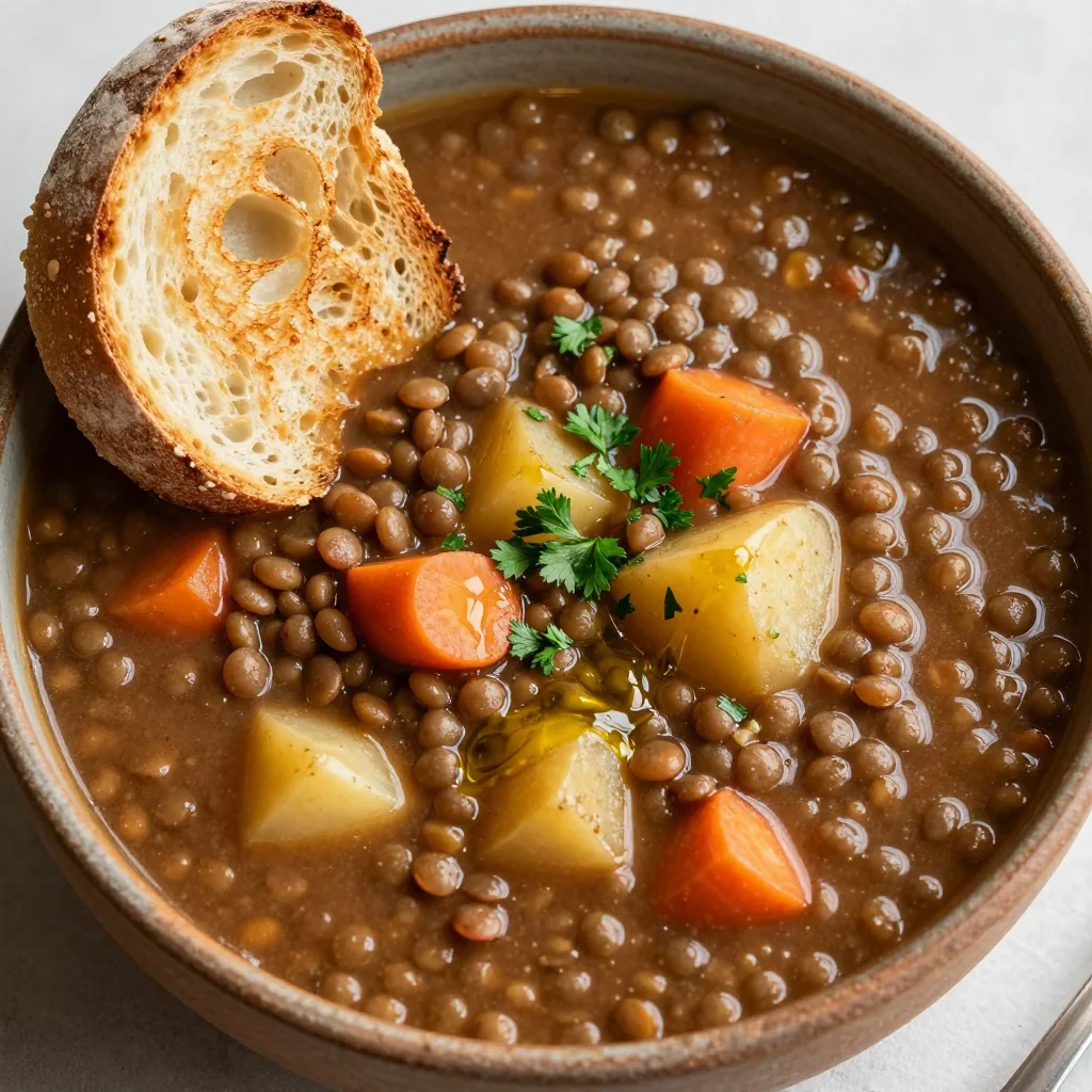 hearty one pot lentil and root vegetable soup for winter meal prep