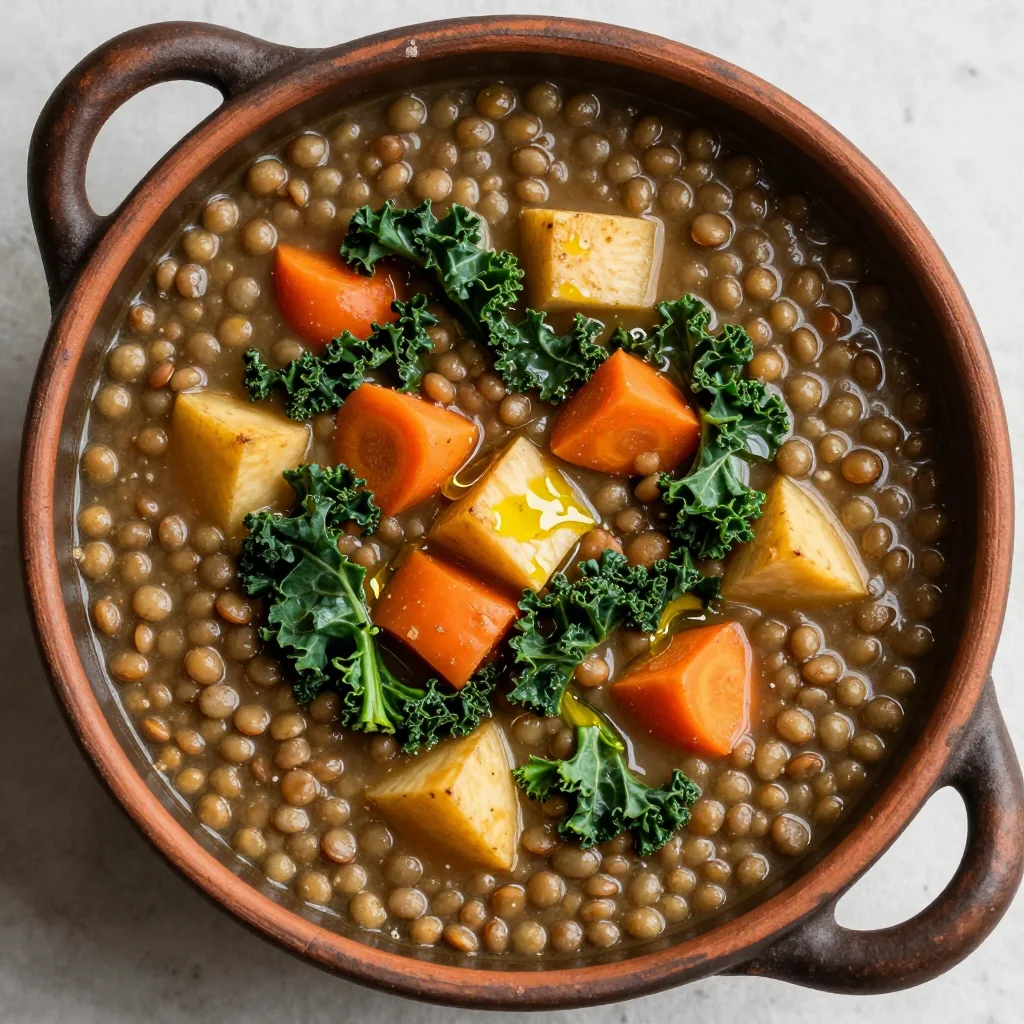 hearty onepot lentil and root vegetable soup with kale and garlic