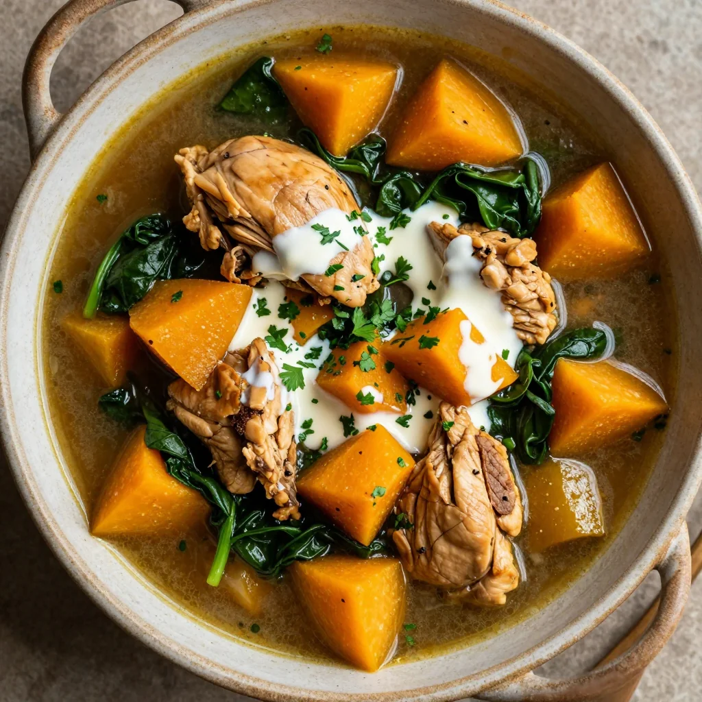 hearty slow cooker chicken stew with winter squash and spinach