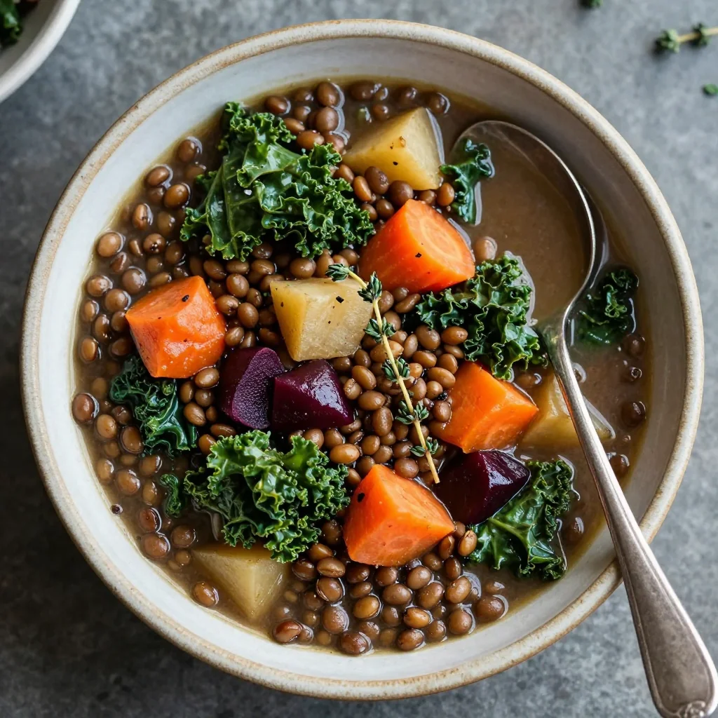 hearty slow cooker lentil and kale stew with root vegetables for january