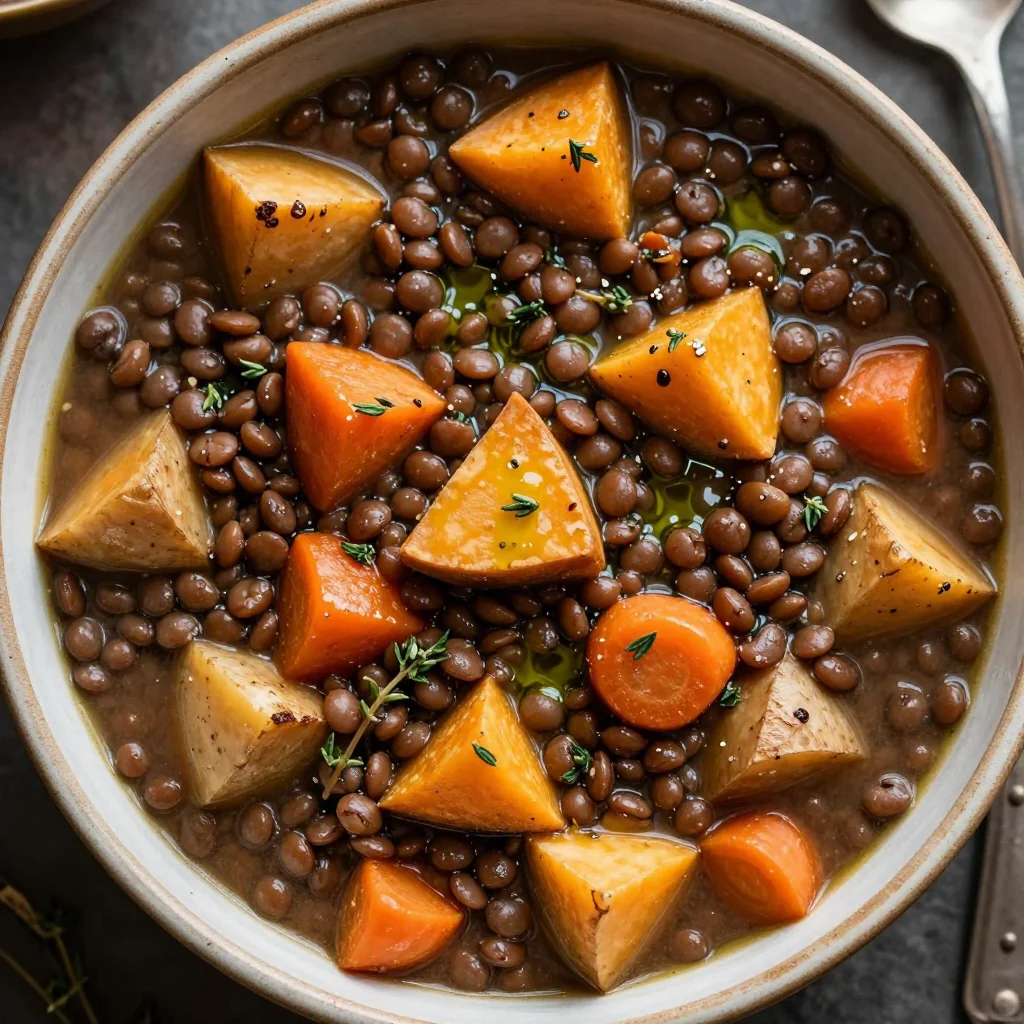 high protein lentil and root veggie stew for cold winter evenings