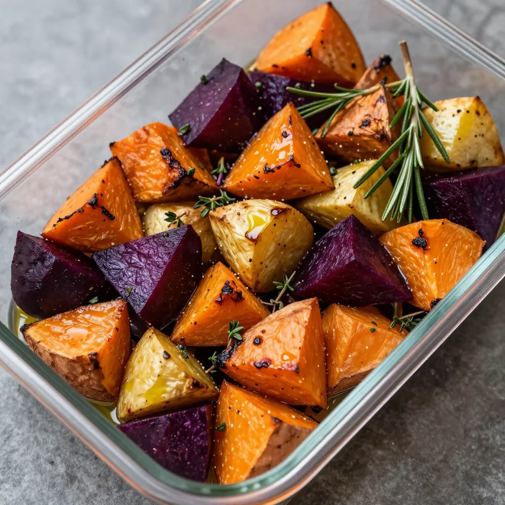 meal prep friendly roasted root vegetables with rosemary and thyme