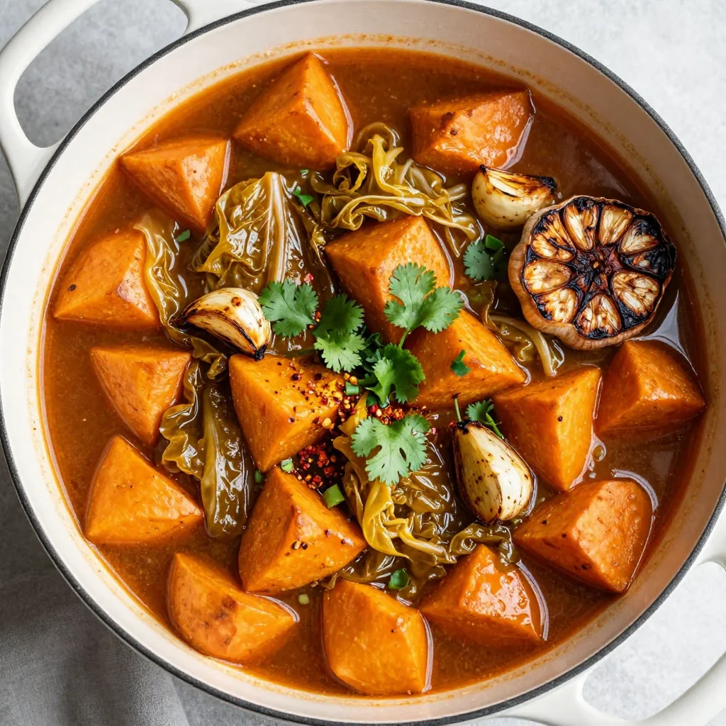 one pot cabbage and sweet potato stew with garlic for easy dinners