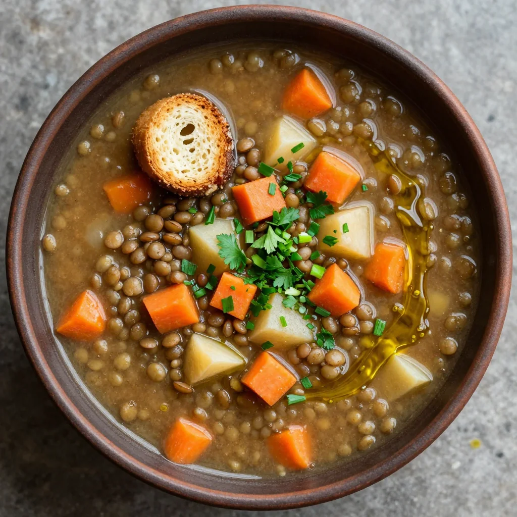 one pot lentil and root vegetable soup with garlic and fresh herbs