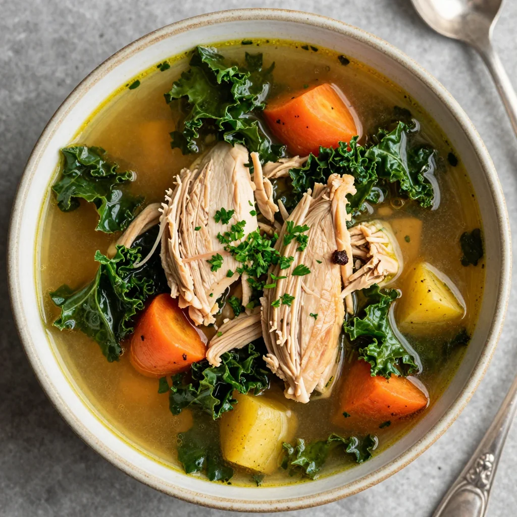 onepot chicken and kale soup with roasted root vegetables for comfort