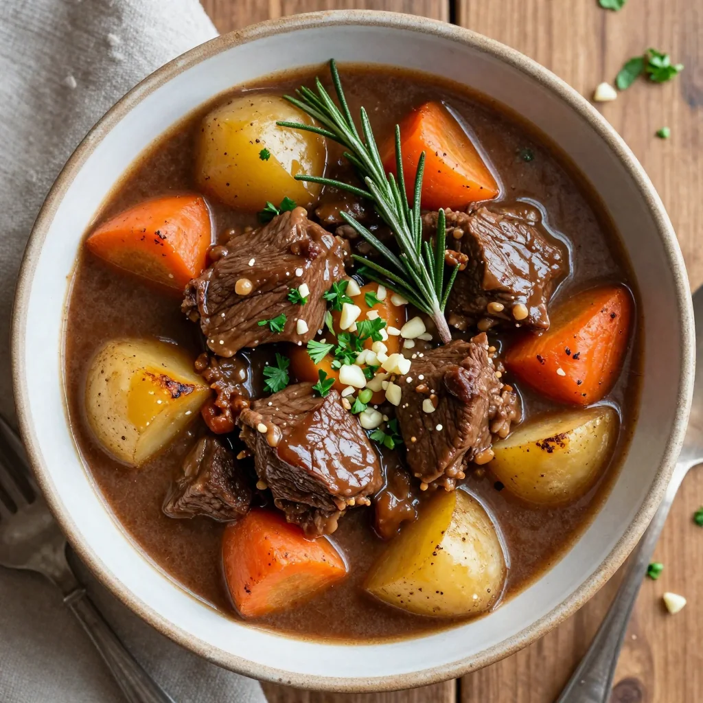 slow cooker beef stew with root vegetables and garlic rosemary