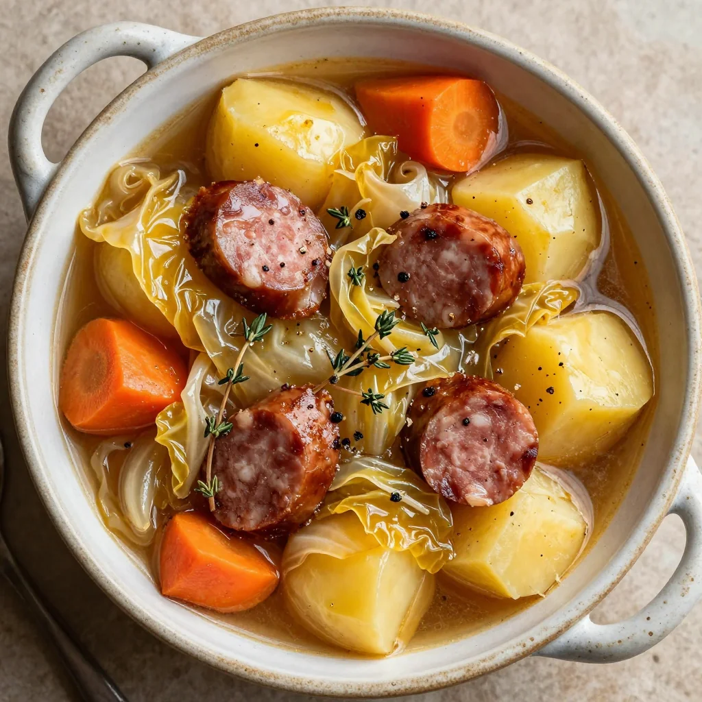 slow cooker cabbage and sausage stew with winter root vegetables