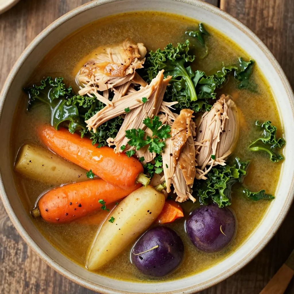 slow cooker chicken and kale stew with roasted root vegetables