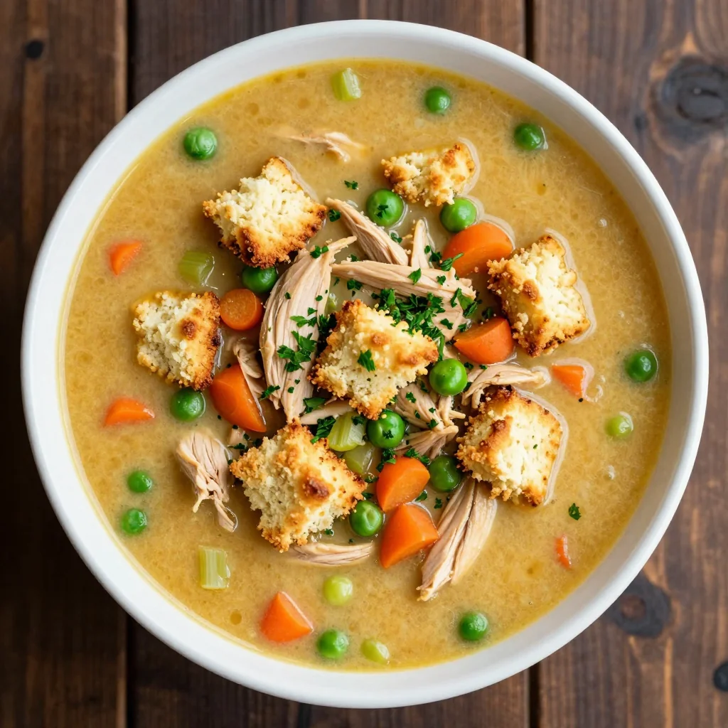 Slow Cooker Chicken Pot Pie Soup with Biscuit Topping Crumbles