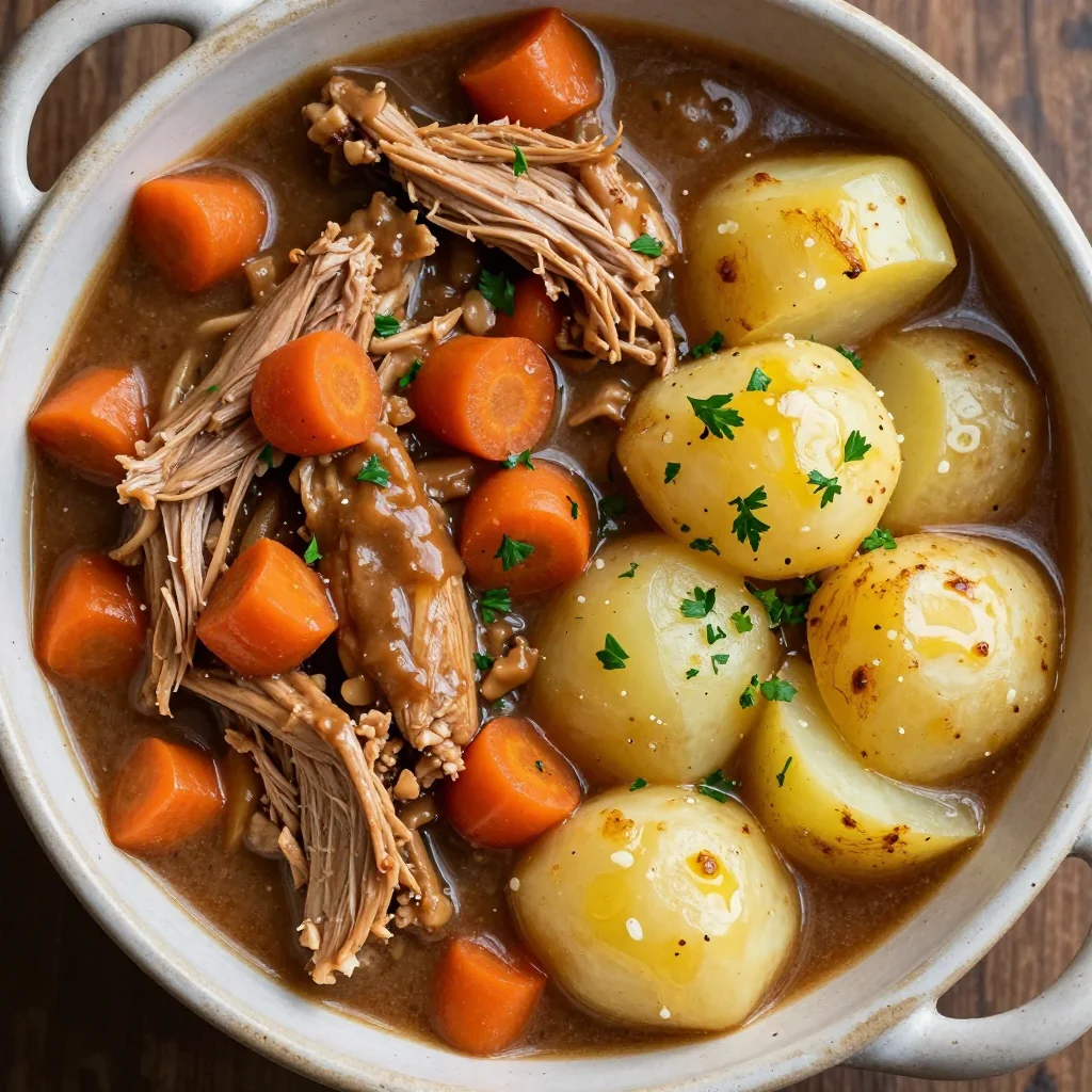 slow cooker turkey stew with garlic potatoes and carrots for warm meals