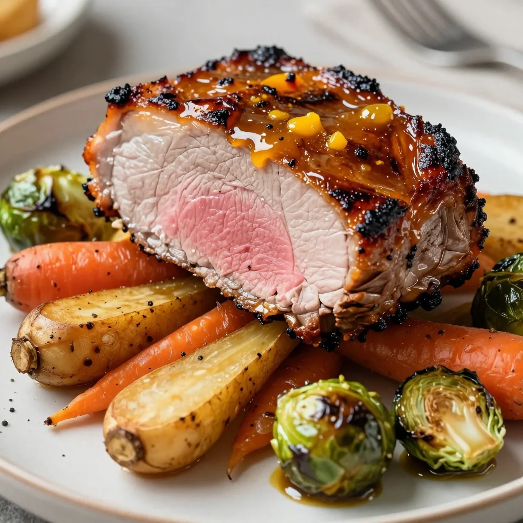 slow roasted citrus glazed pork loin with winter root vegetables