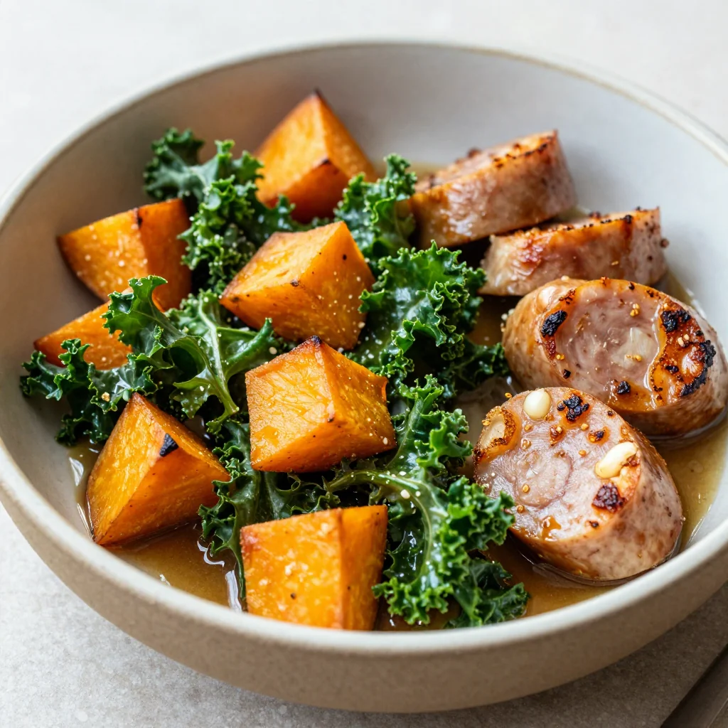 warm breakfast bowl with sweet potatoes kale and garlic sausage