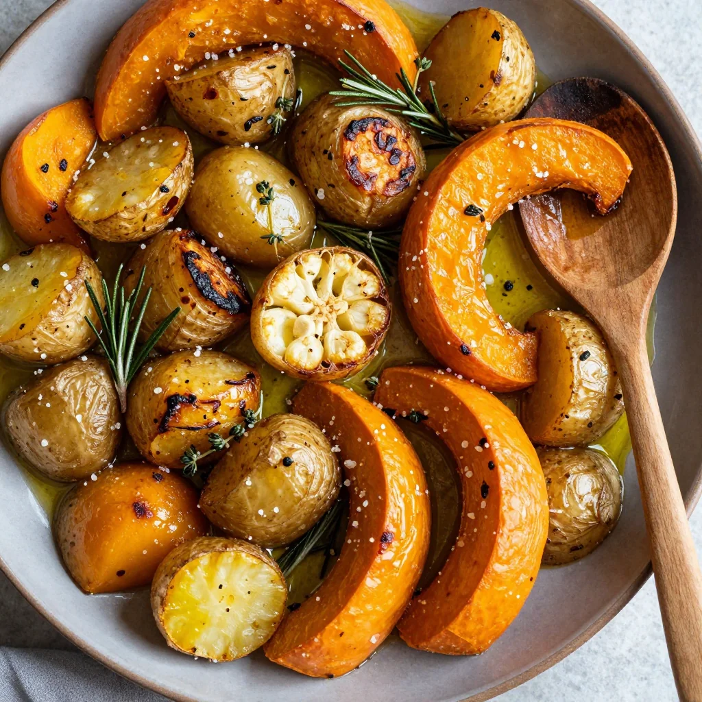 warm garlic roasted winter squash and potatoes for hearty family meals