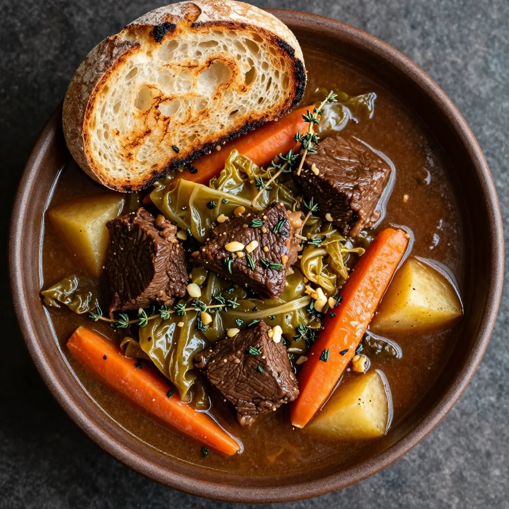 warm slow cooker beef and cabbage stew with garlic and fresh thyme