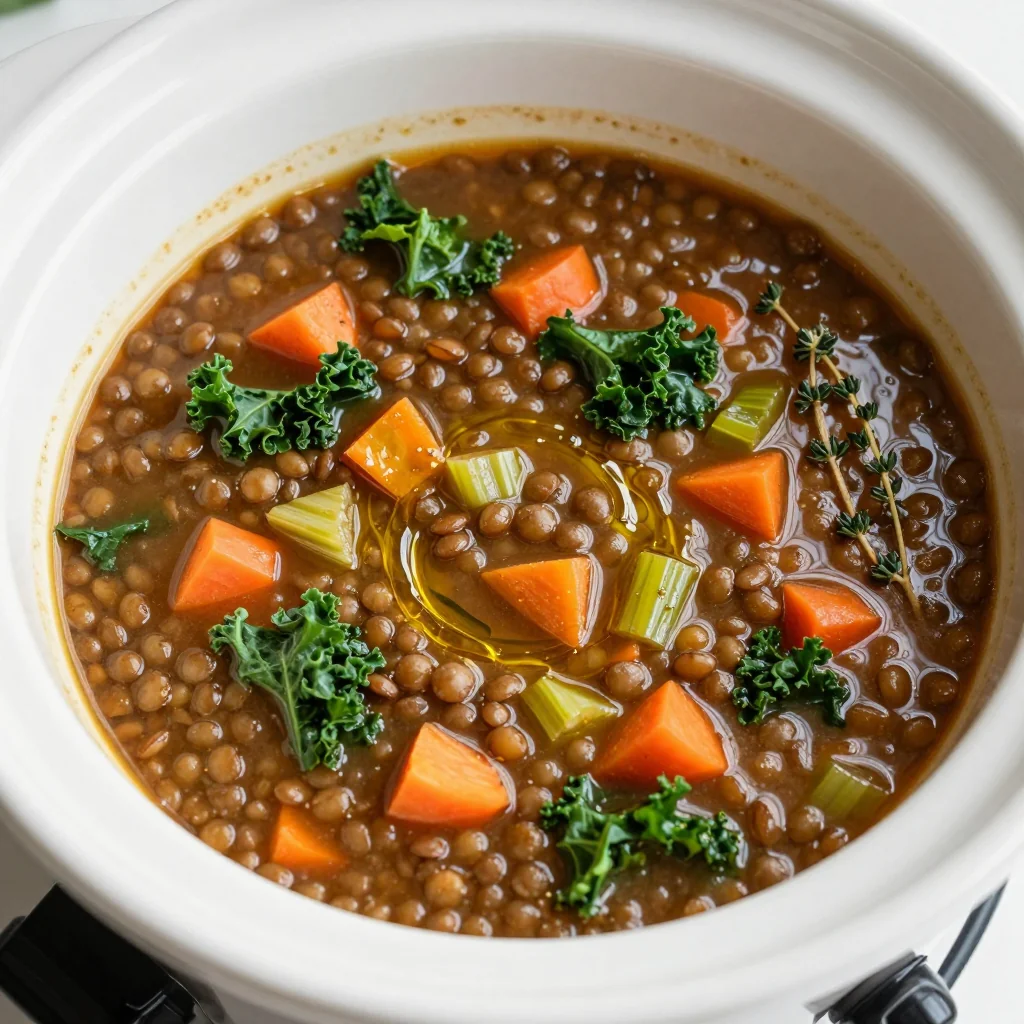 warm slow cooker lentil soup with kale and root vegetables for january