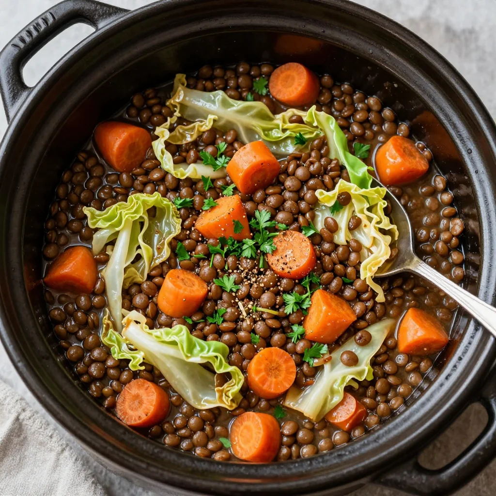 warm slow cooker lentil stew with carrots and cabbage for january