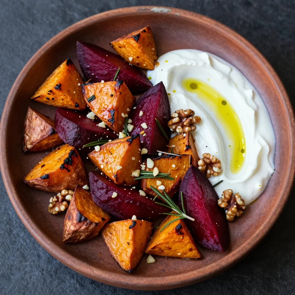 warm sweet potato and beet salad with garlic and rosemary for january
