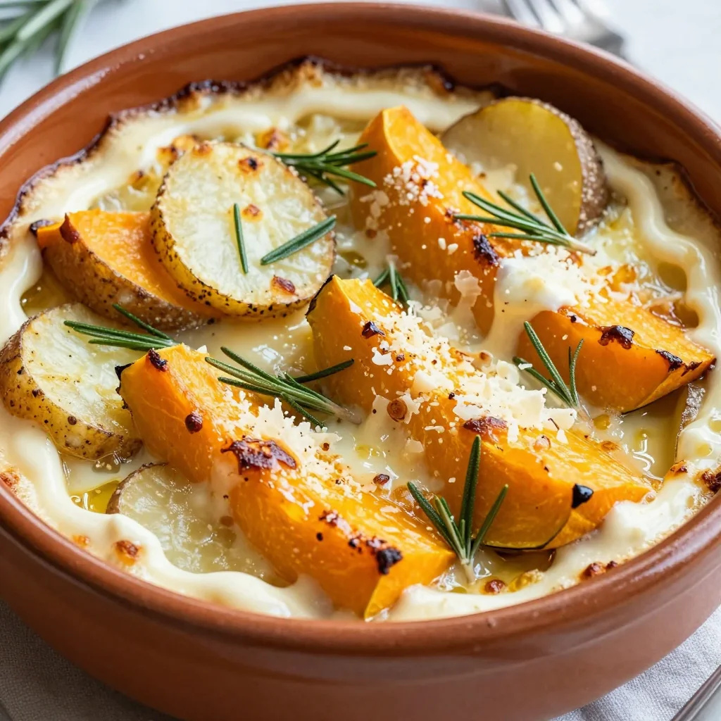 warm winter squash and potato gratin with rosemary for comfort meals