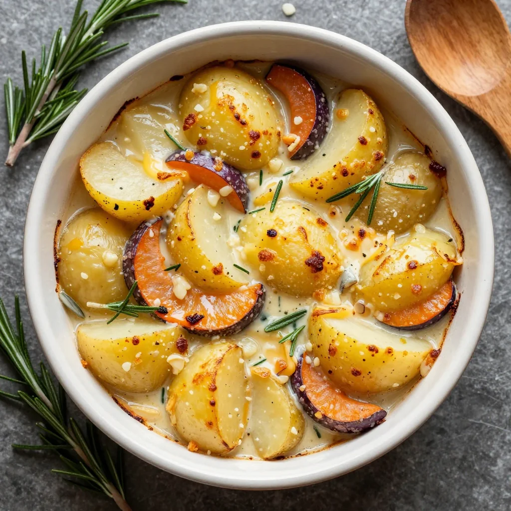 warm winter vegetable and potato gratin with garlic and rosemary for dinners