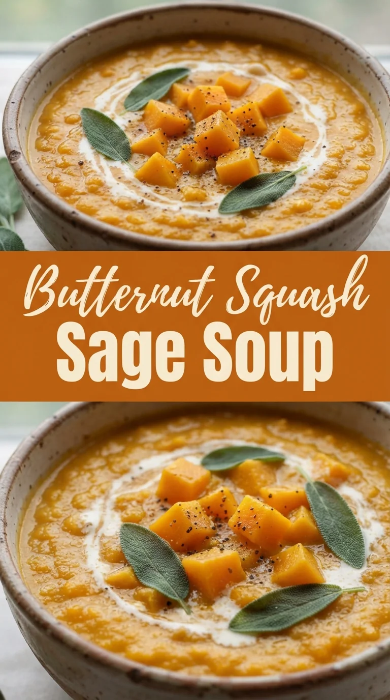Creamy butternut squash soup topped with fresh sage leaves