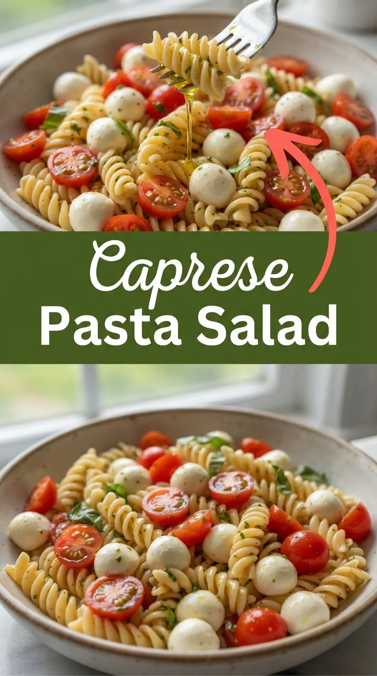 Fusilli pasta mixed with mozzarella balls, halved cherry tomatoes, basil leaves, and olive oil.