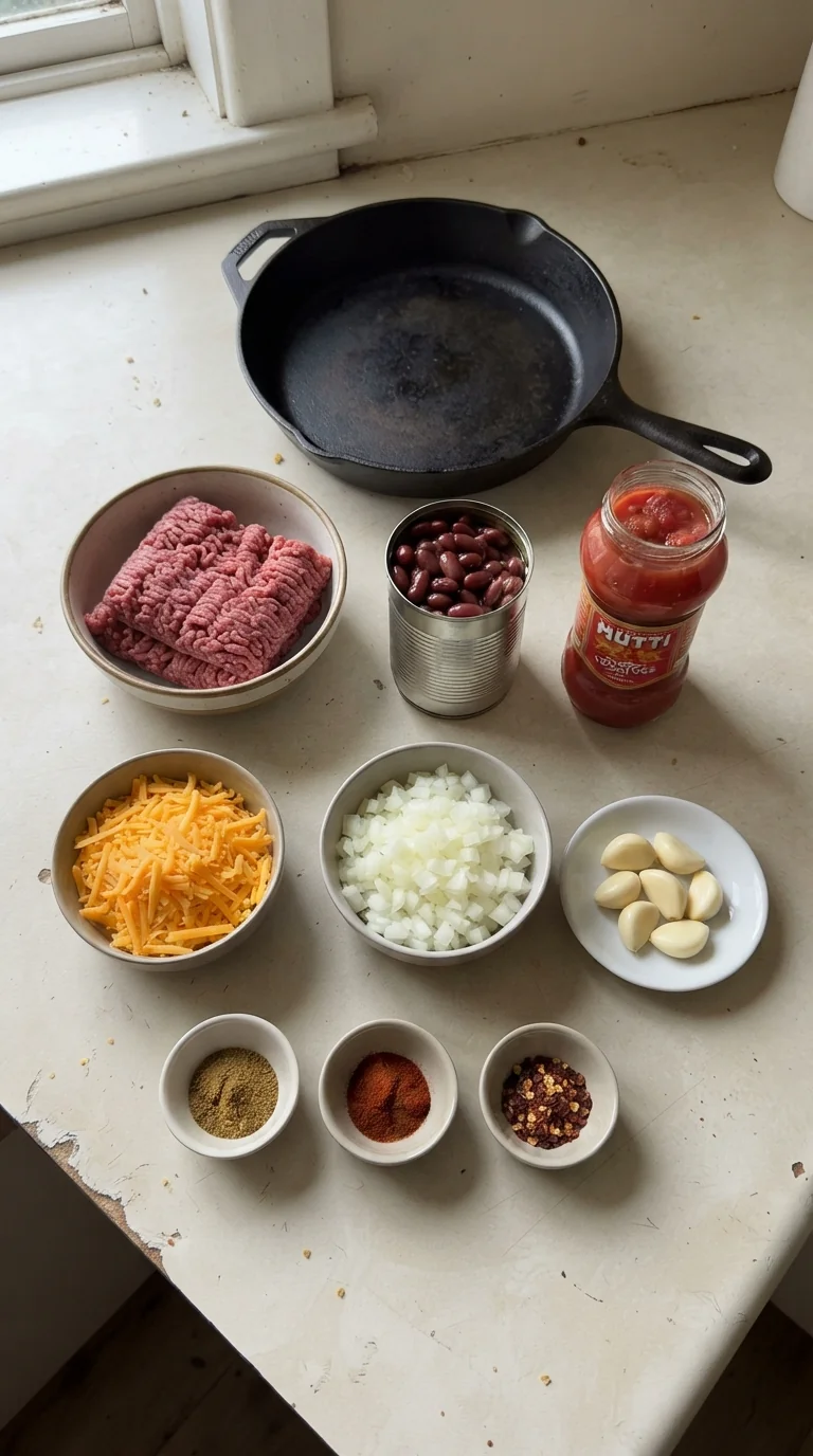Ingredients for Cheesy Beef Chili Bake